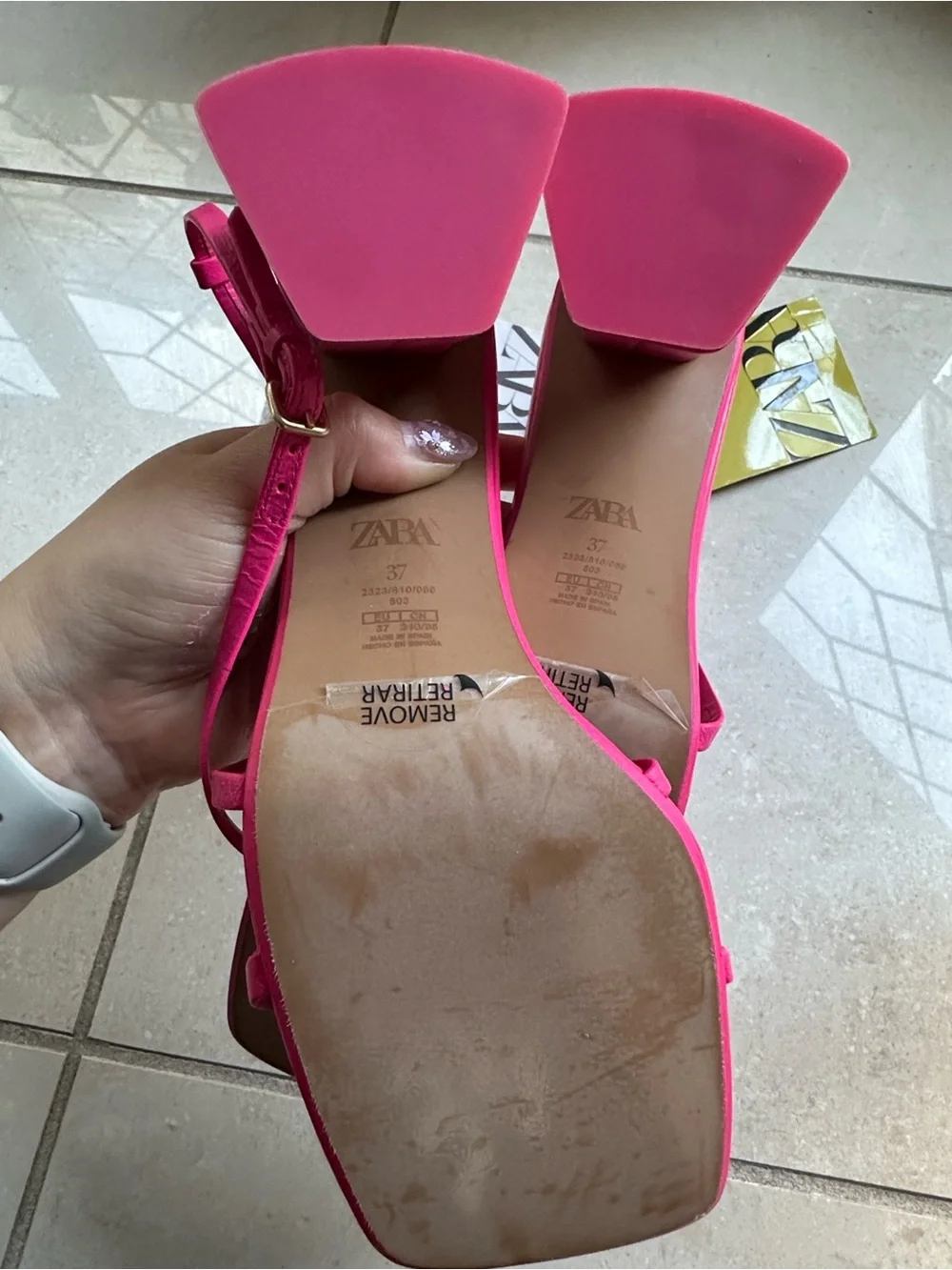 Zara Hot Pink Leather Ankle Strap Heels Sandals Size 37 US 6.5 NWT - Picture 6 of 9